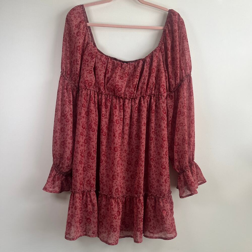 Trixxi Pink Floral Chiffon Smocked Mini Dress Boho Peasant Cottagecore Prairie L